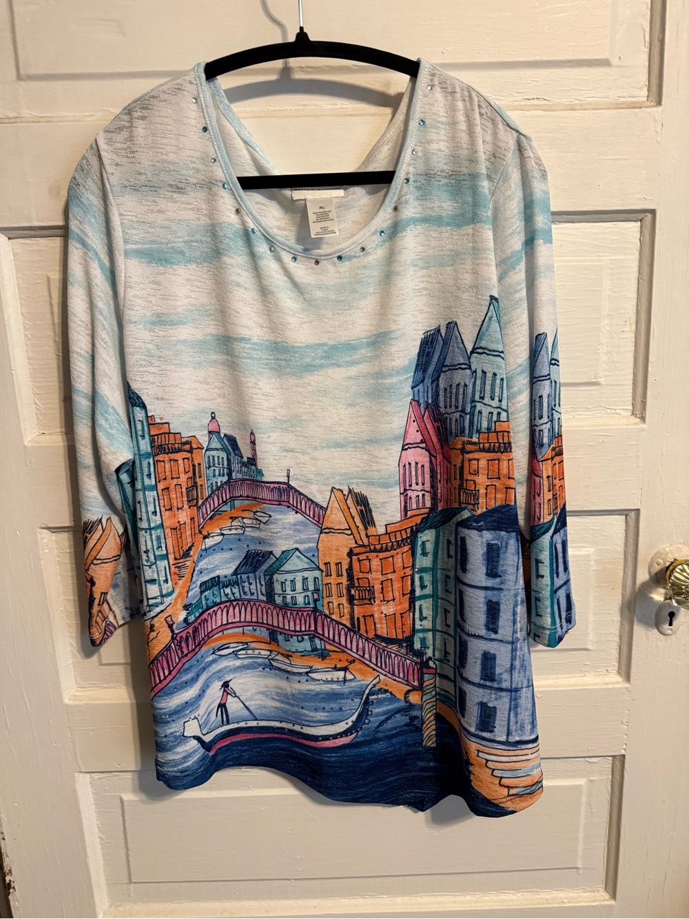 Alfred Dunner Women’s Coastal City Print Scoop Neck Top - Blue/Orange